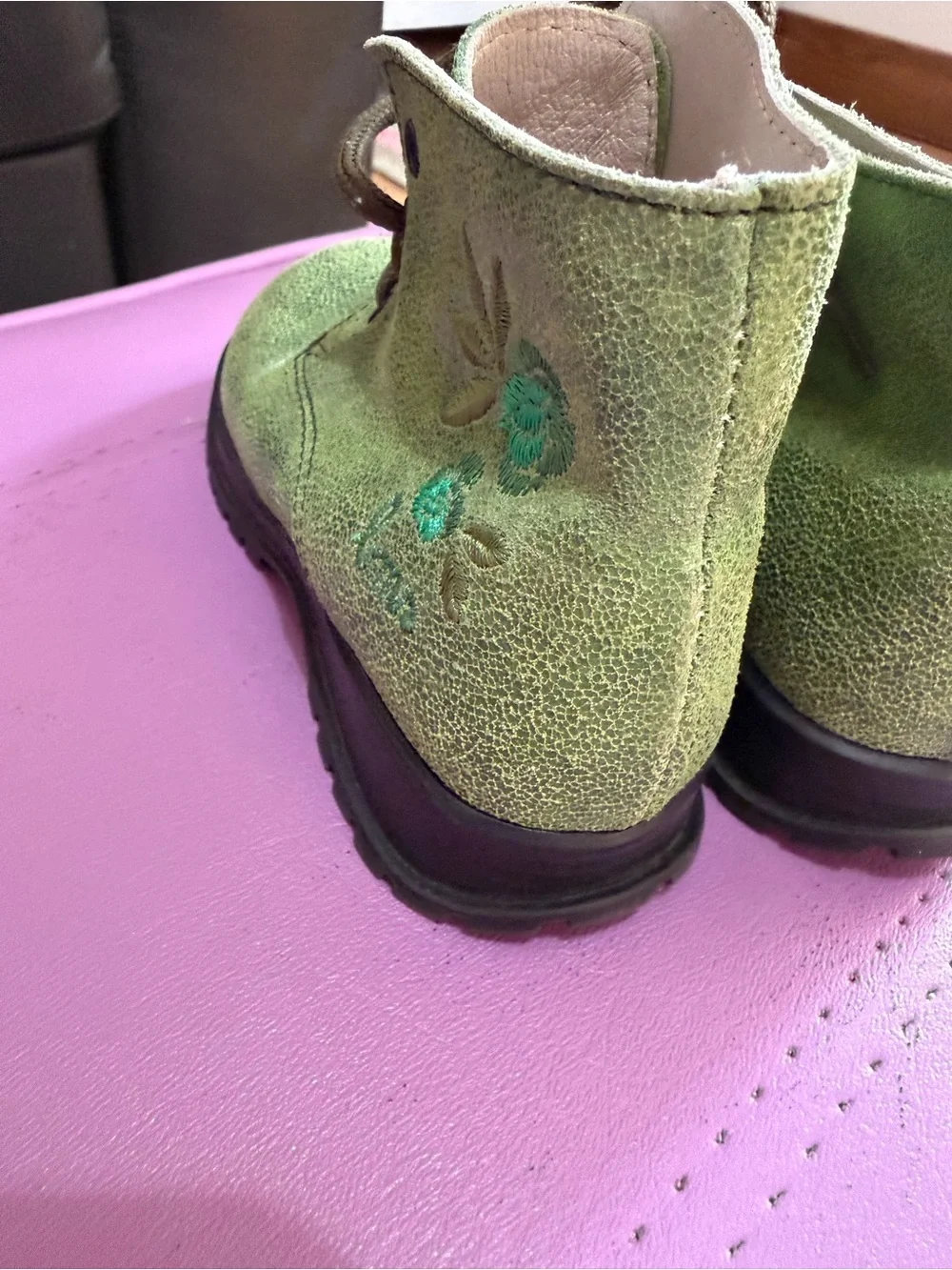 Girls Green Lace-Up Ankle Boots with Embroidered Floral Detail
